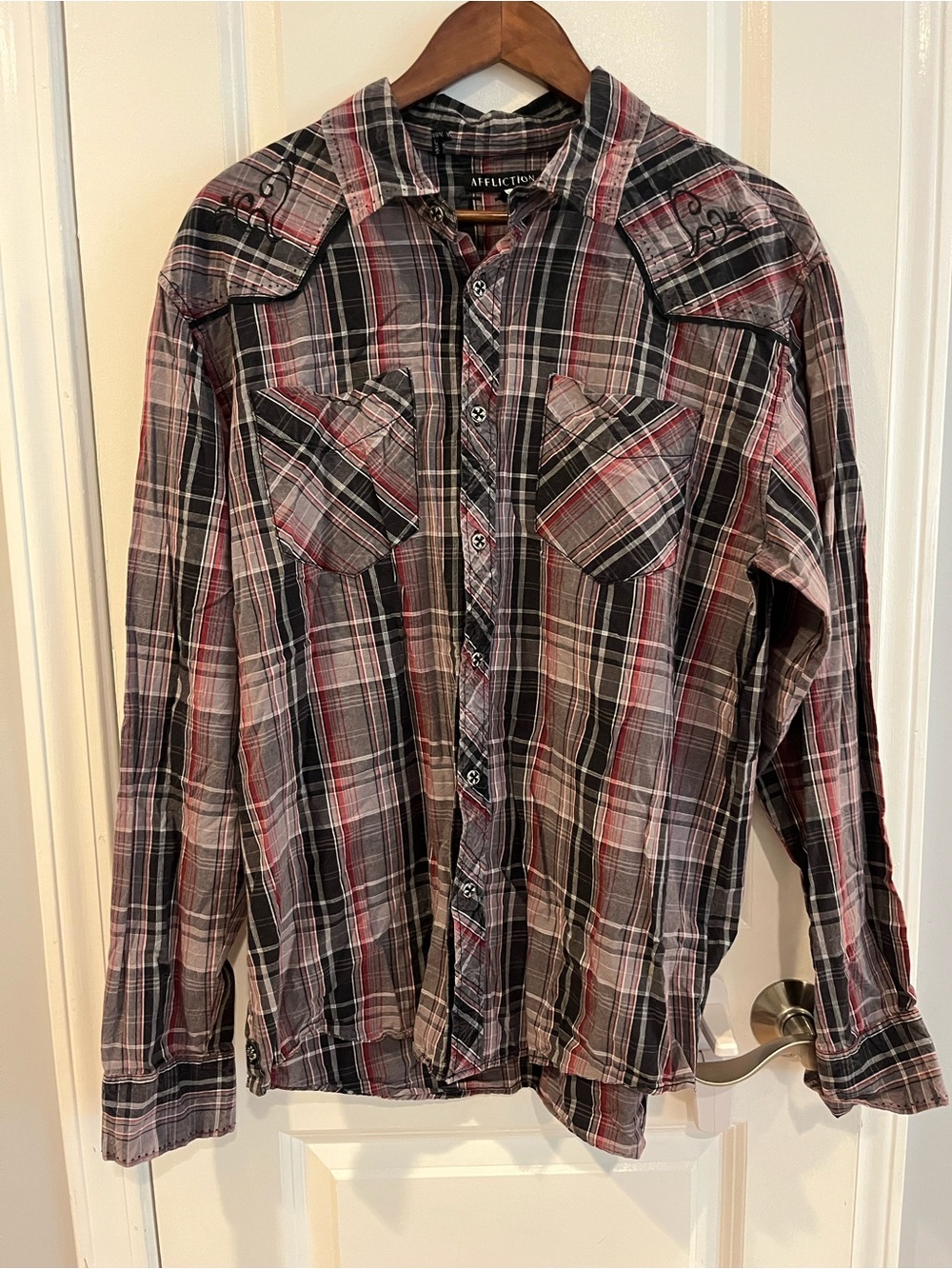 Affliction Men's Red Black Gray Plaid Button-Down Shirt